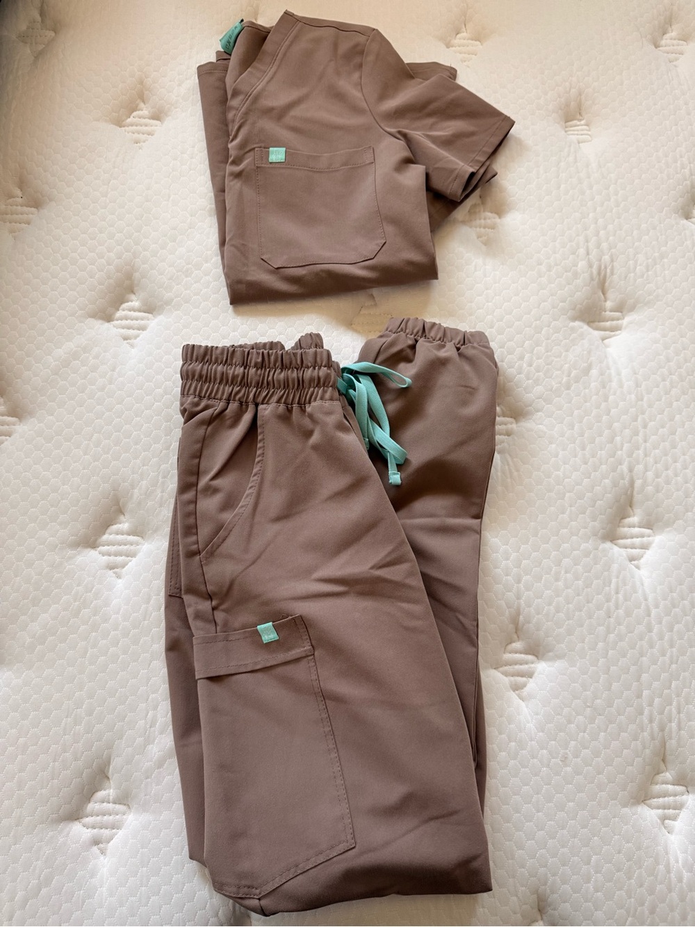 Women’s Brown Drawstring Jogger Scrub Pants with Mint Accent - Picture 3 of 10
